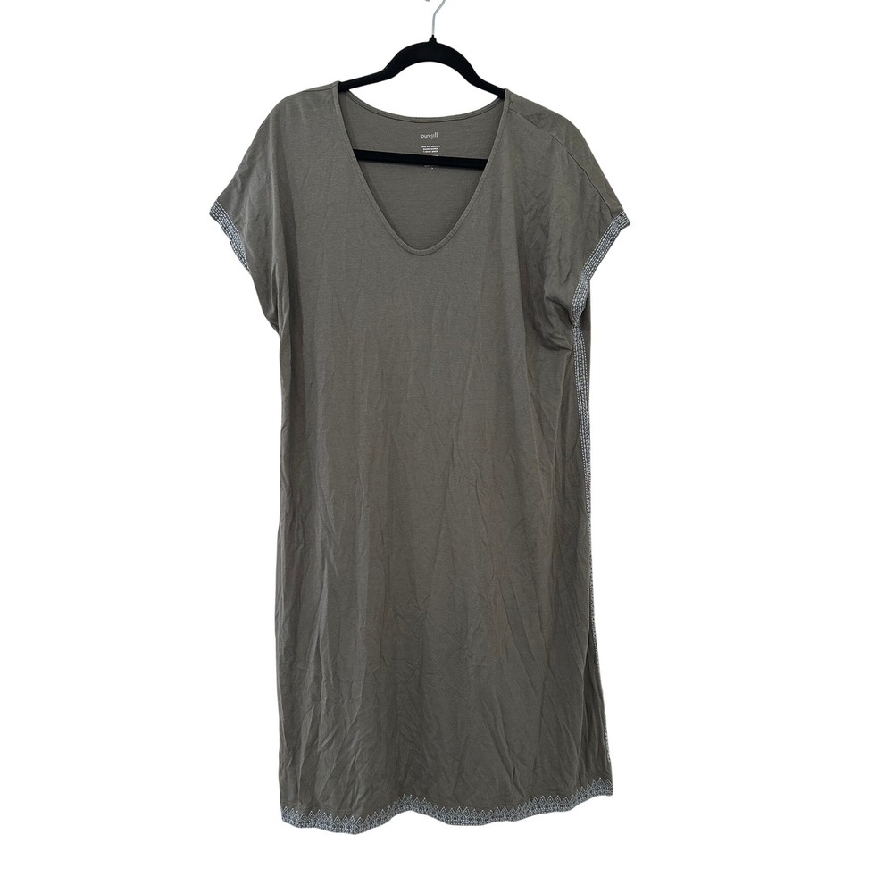 Pure Jill Relaxed Embroidered T-Shirt Dress Olive Green Cotton L Everyday Casual